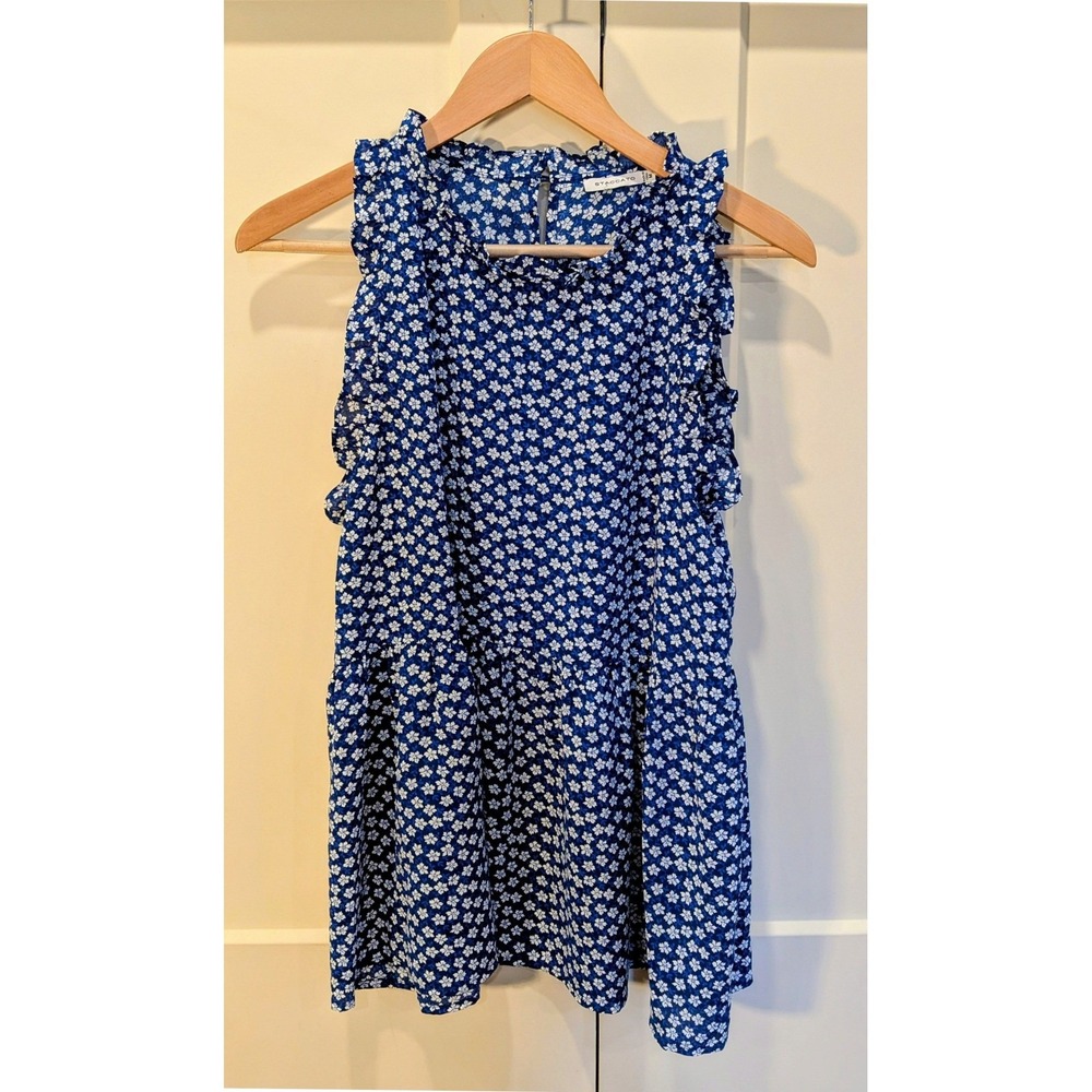 Staccato Blue Floral Ruffle Sleeveless Babydoll Blouse Medium